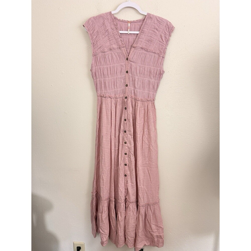 Free People Midi Dress Sz Medium Desert Dazed Pink Cotton Short Sleeve Smocked - Picture 5 of 9